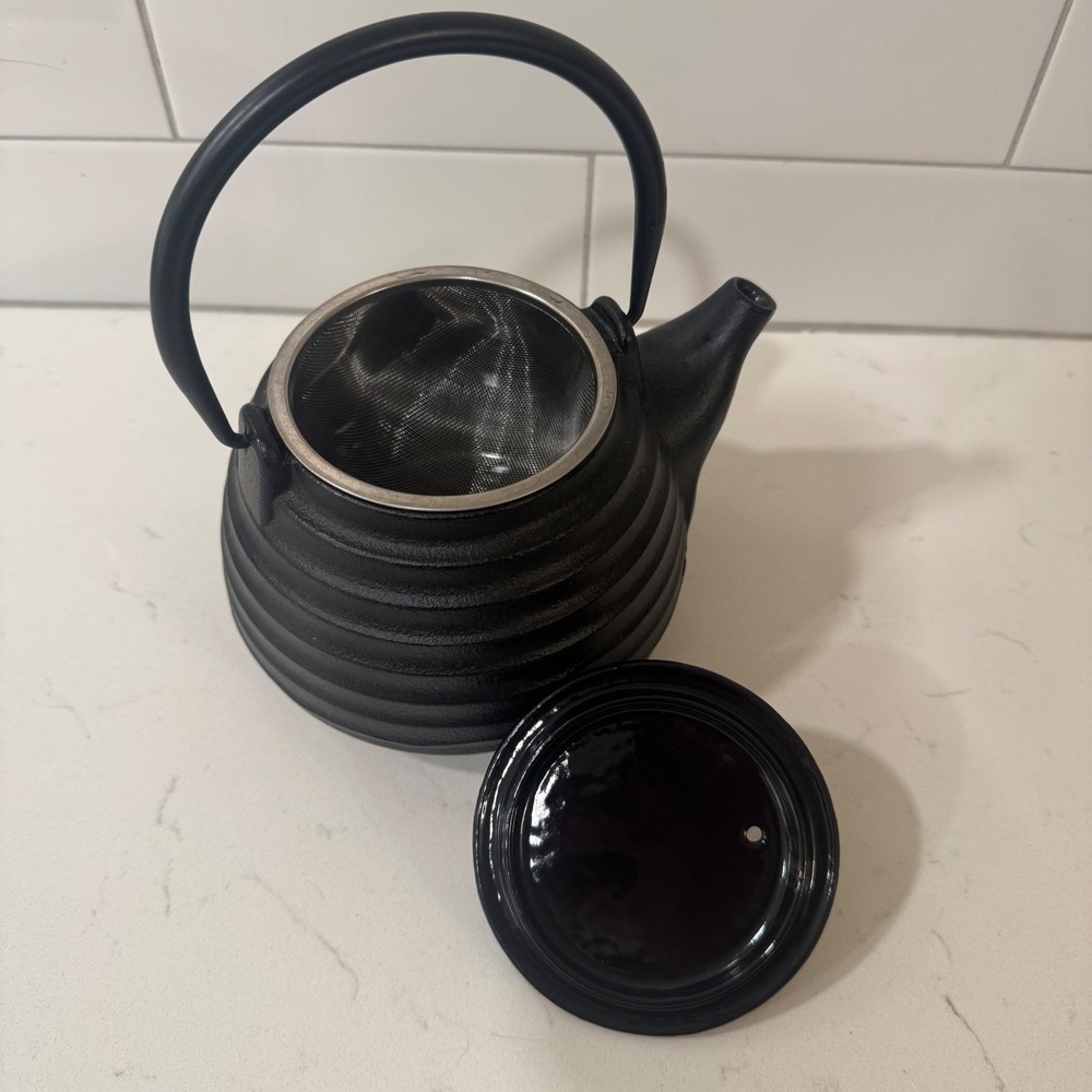 Black Cast Iron Ribbed Japanese Tetsubin Teapot with Stainless Steel Infuser - Picture 3 of 6